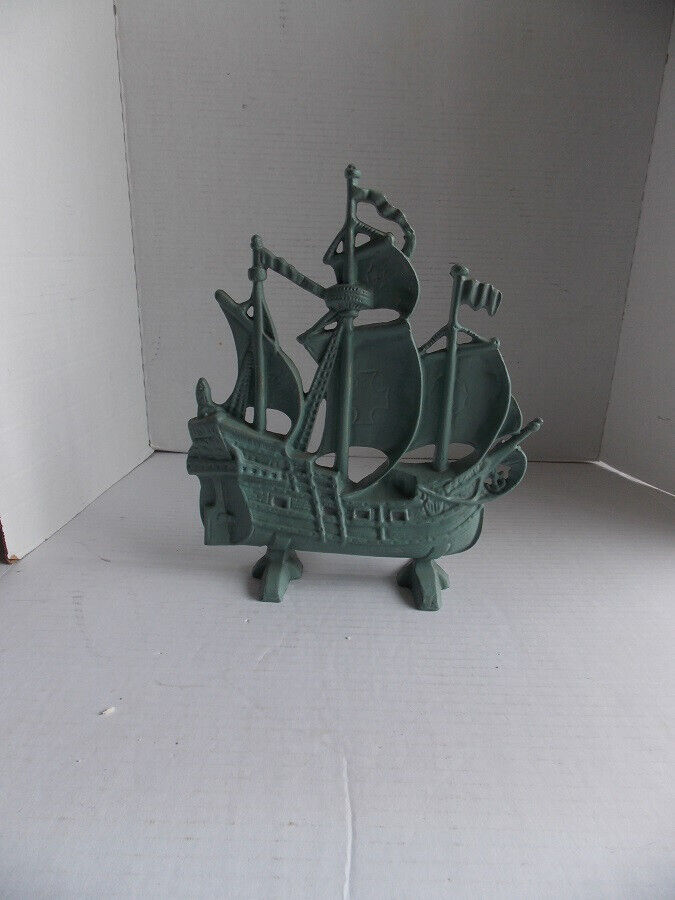 Vintage Cast Iron Red Sailing Ship Door Stop  12” x 10.5” Turquoise