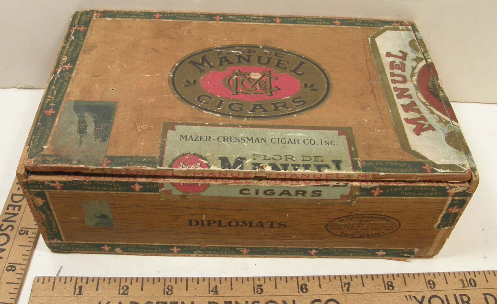 ANTIQUE VINTAGE WOODEN CIGAR BOX MAZER CRESSMAN FLOR DE MANUEL CIGARS DIPLOMATS