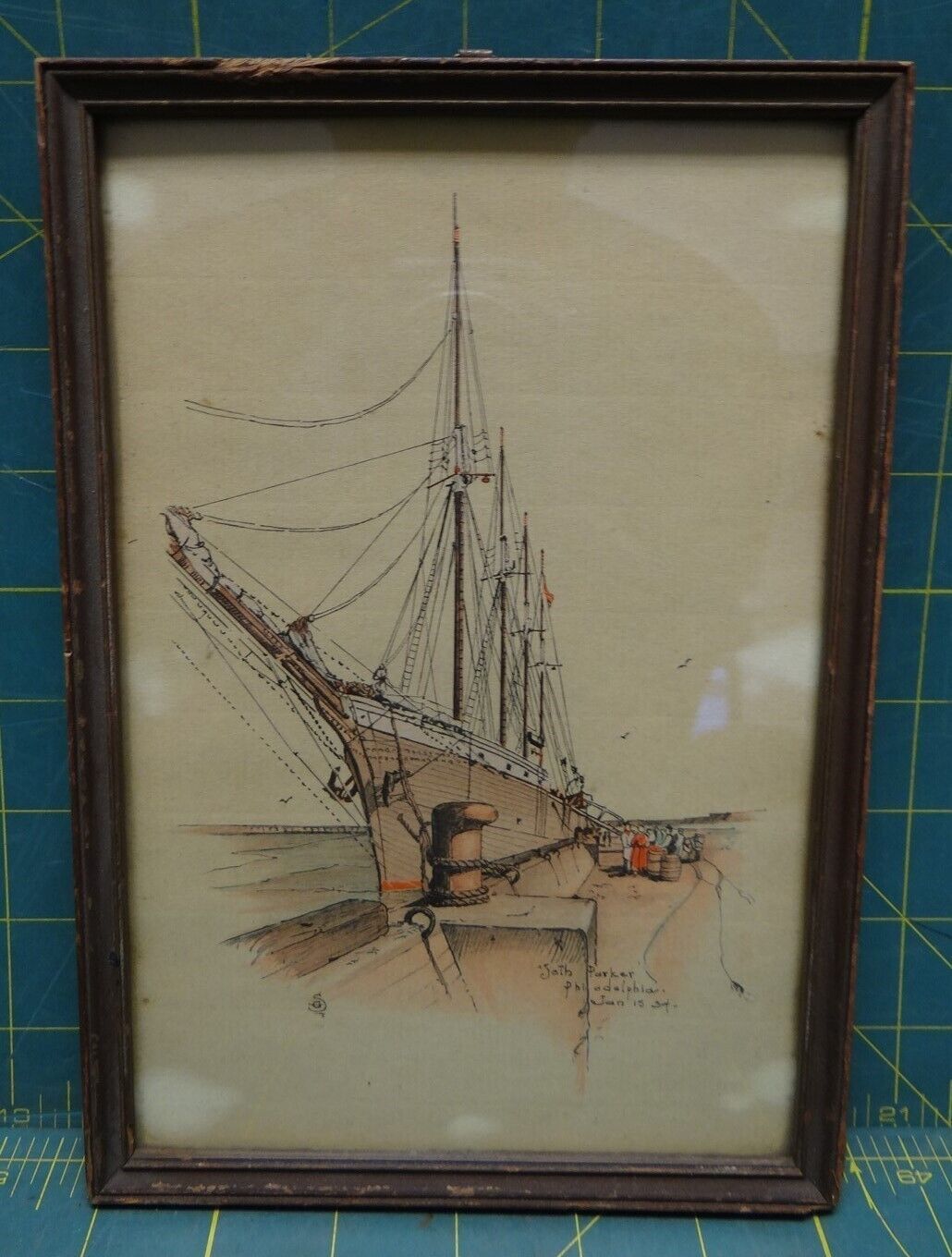 Seth Parker Philadelphia Jan 15 1934 Vintage Framed Screen Print of Docked Ship