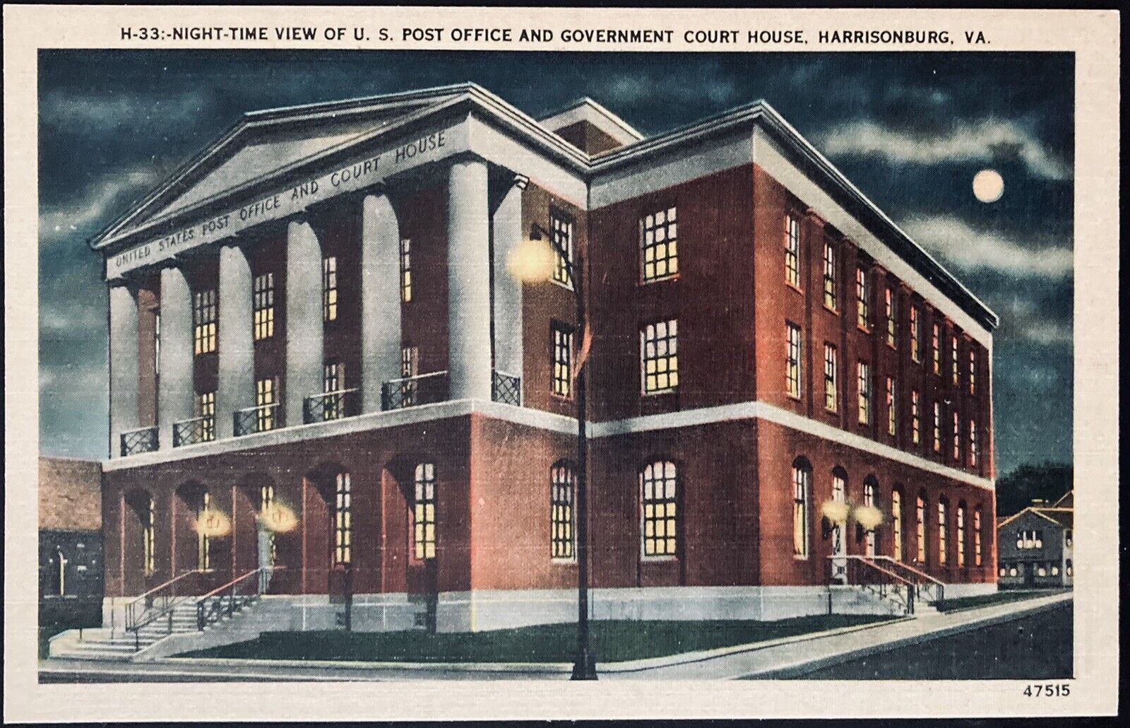 HARRISONBURG, VA. C.1940 PC.(M91)~NIGHT VIEW OF U.S. POST OFFICE AND COURT HOUSE
