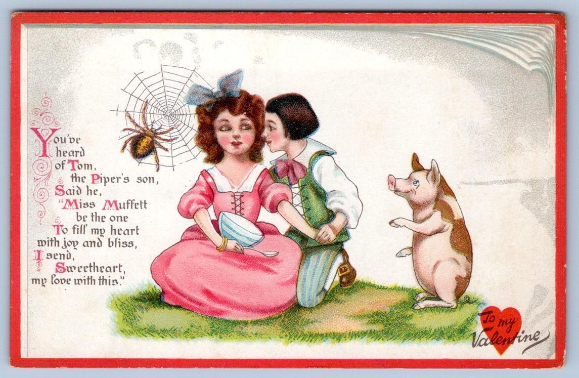 1910's TUCK'S VALENTINE MISS MUFFETT TOM PIPER'S SON SPIDER WEB PIG POSTCARD