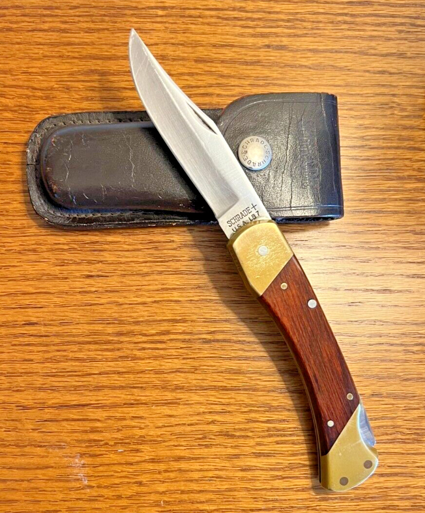 Vintage Schrade+ USA LB7 Lockback Folding Hunter Pocket Knife & Leather Sheath