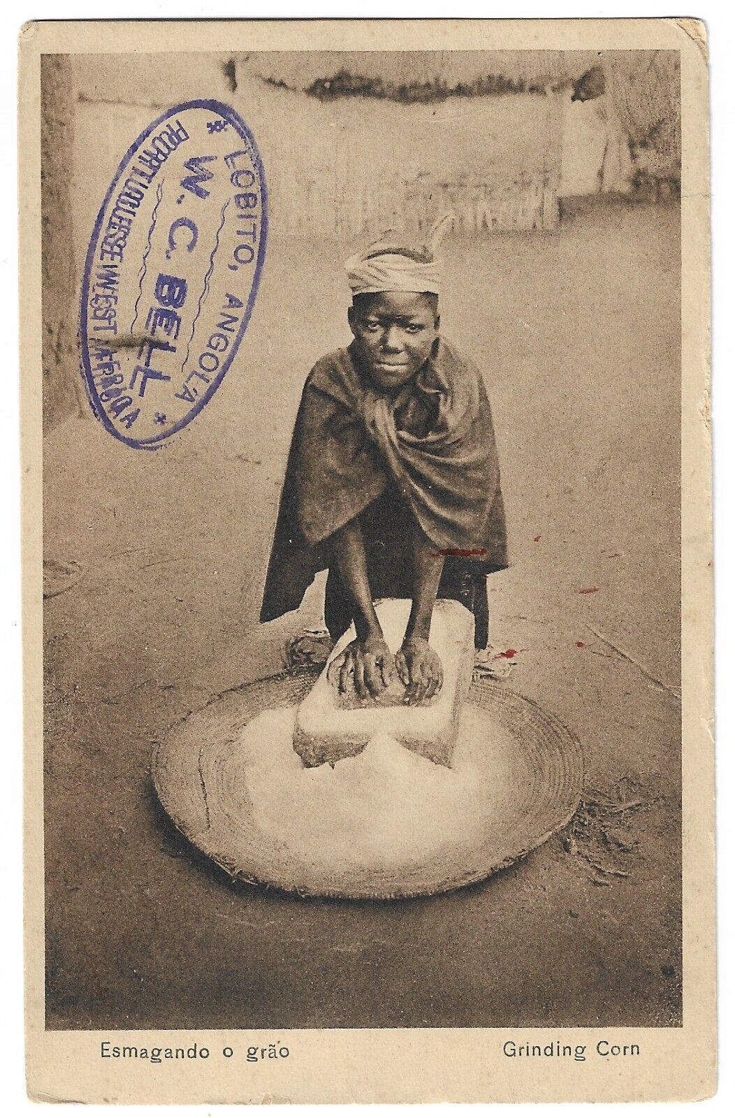 Postcard RPPC Real Photo c1907 Angola Africa  Woman Grinding  WC Bell  [R16]