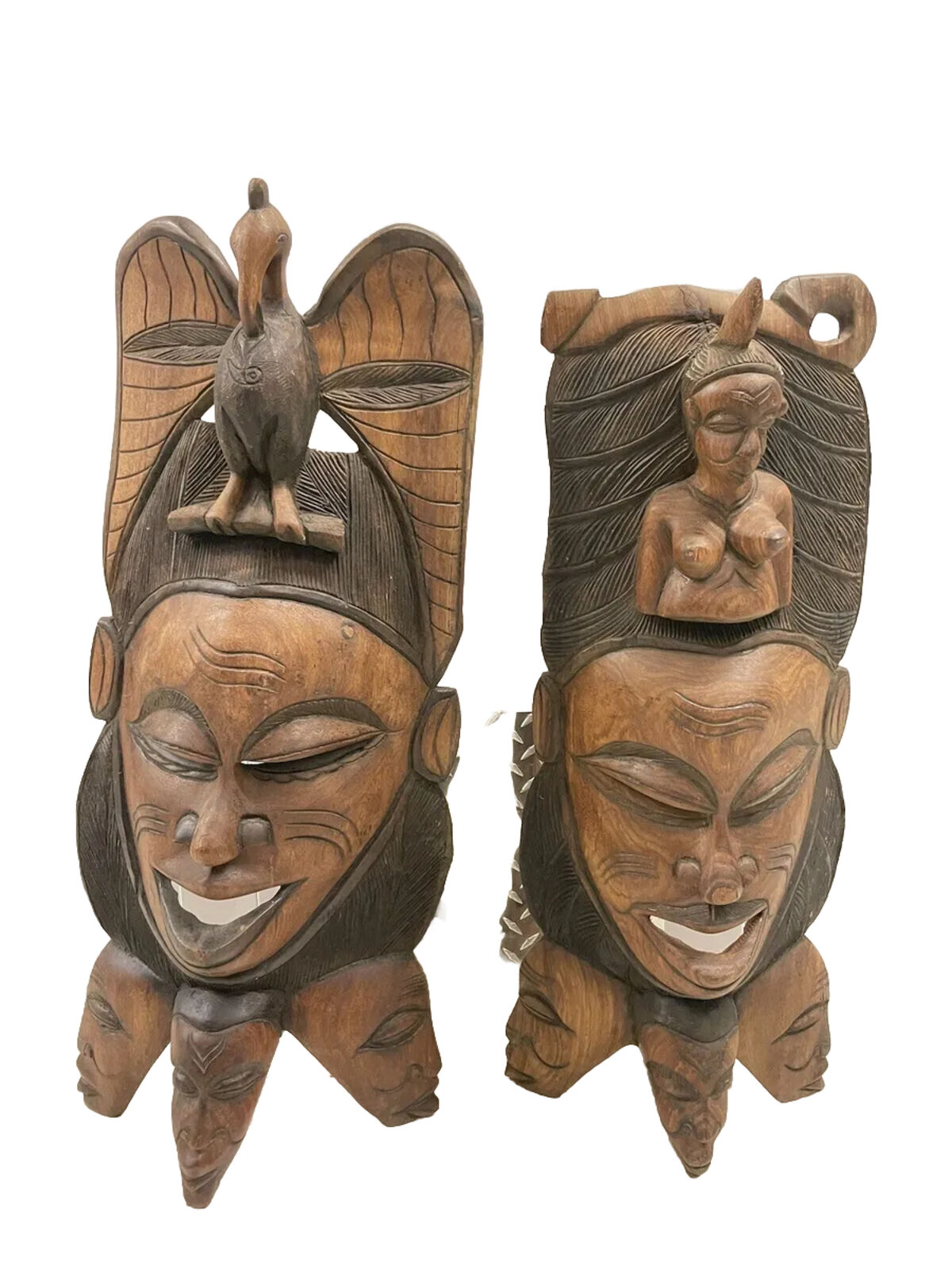Super RARE 2FT Tall Vintage Hand Carved African Tribal Masks