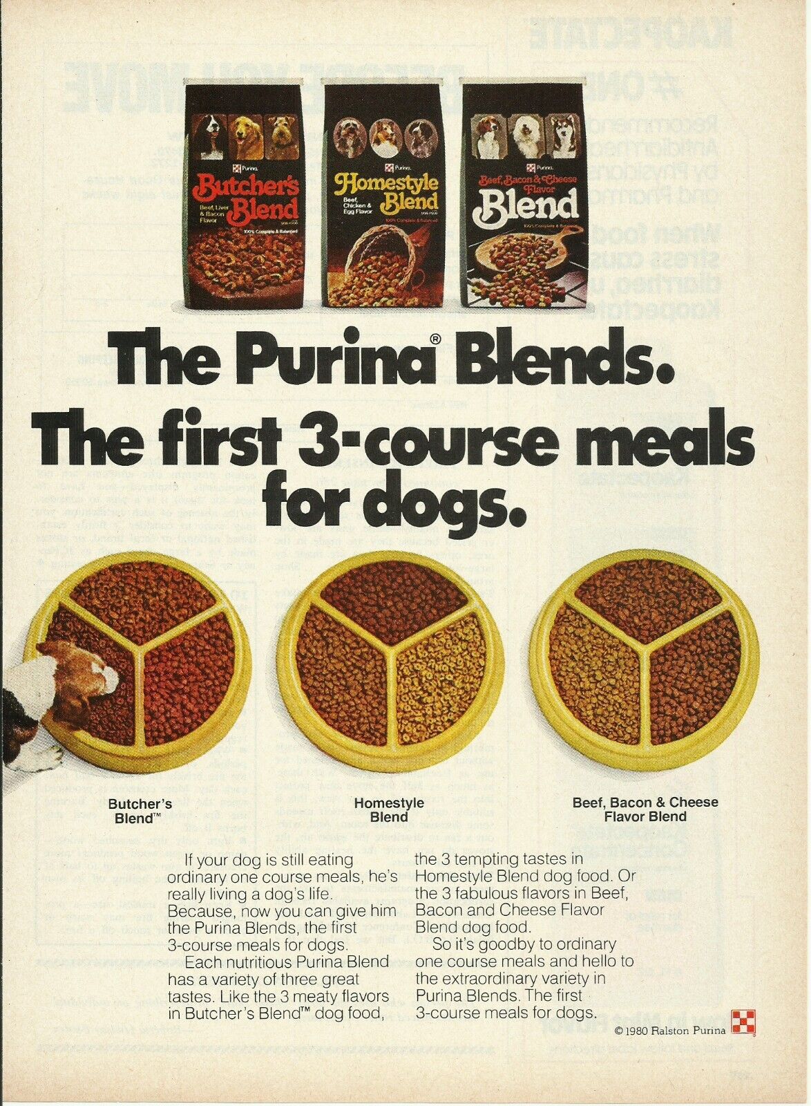 1980 Purina Blend Pet Dog Food vintage print ad 80\'s advertisement