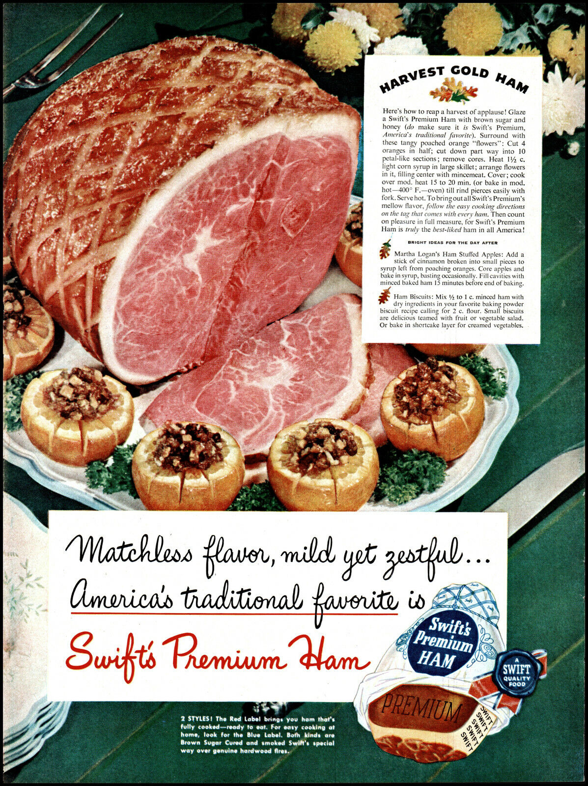1948 Swift's Premium Ham Harvest Gold Ham on tray vintage photo print ad adl10