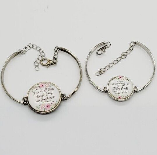 I Can Do All Things Through Christ Bracelet Set of 2 Floral Disc Pendant