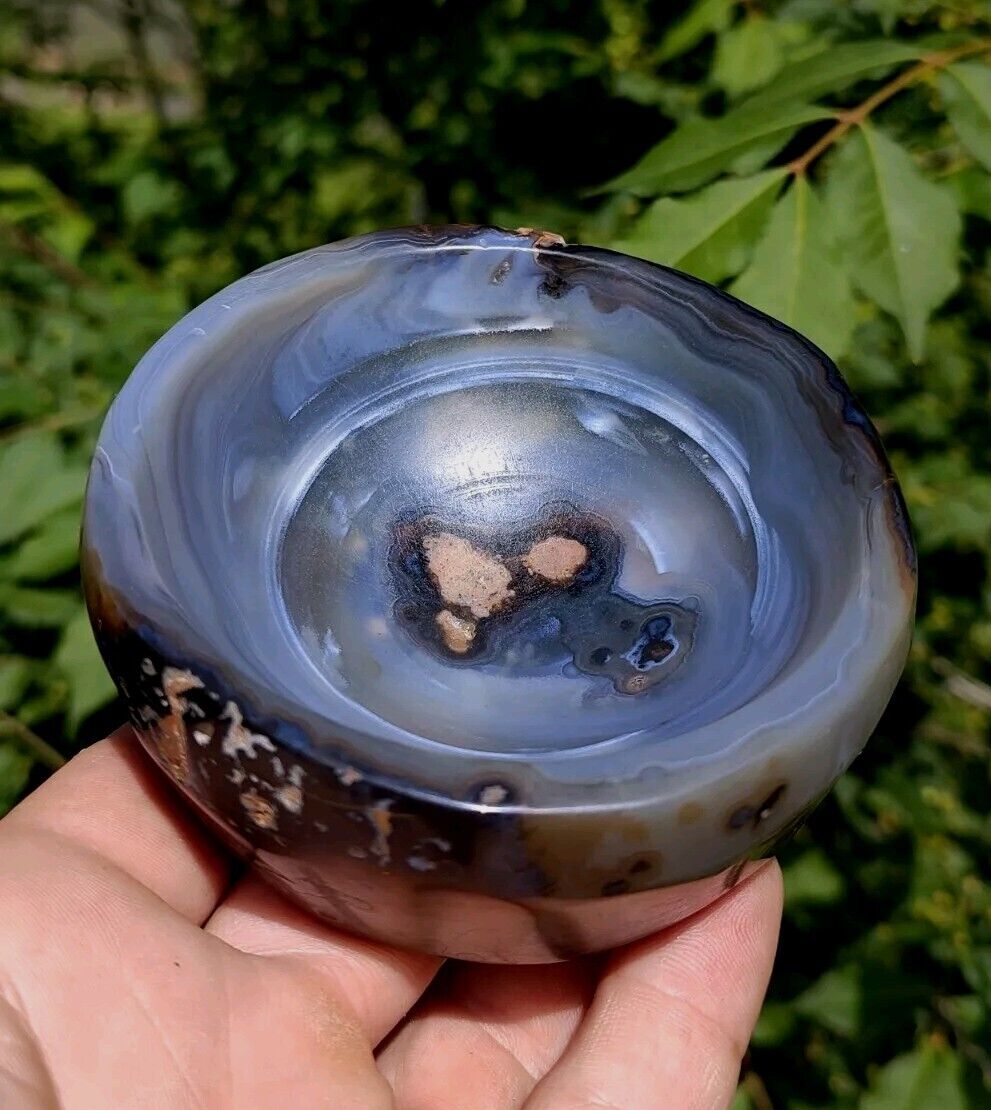  HAND CARVED AGATE BOWL, BEAUTIFUL BLACK/BLUE NATURAL AGATE 4\