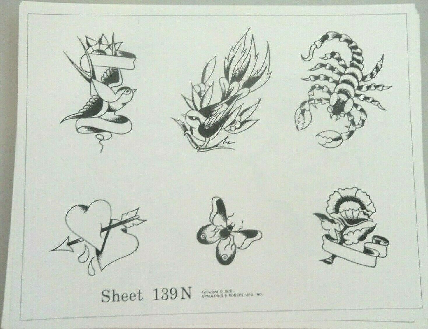 VTG 1978 Spaulding & Rogers Tattoo Flash Sheet 139N Scorpion Birds Hearts Flower