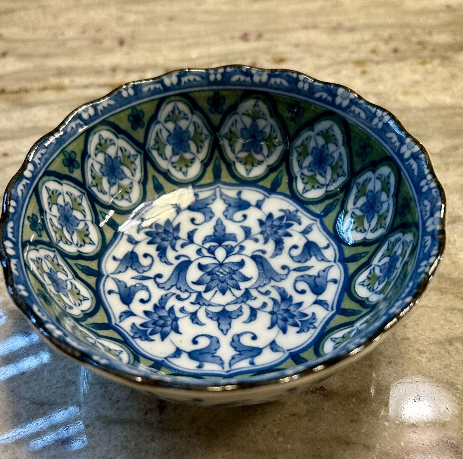 Vintage Asian Japanese Marked Blue Green Imari Trinket Desert Bowl 4.78”