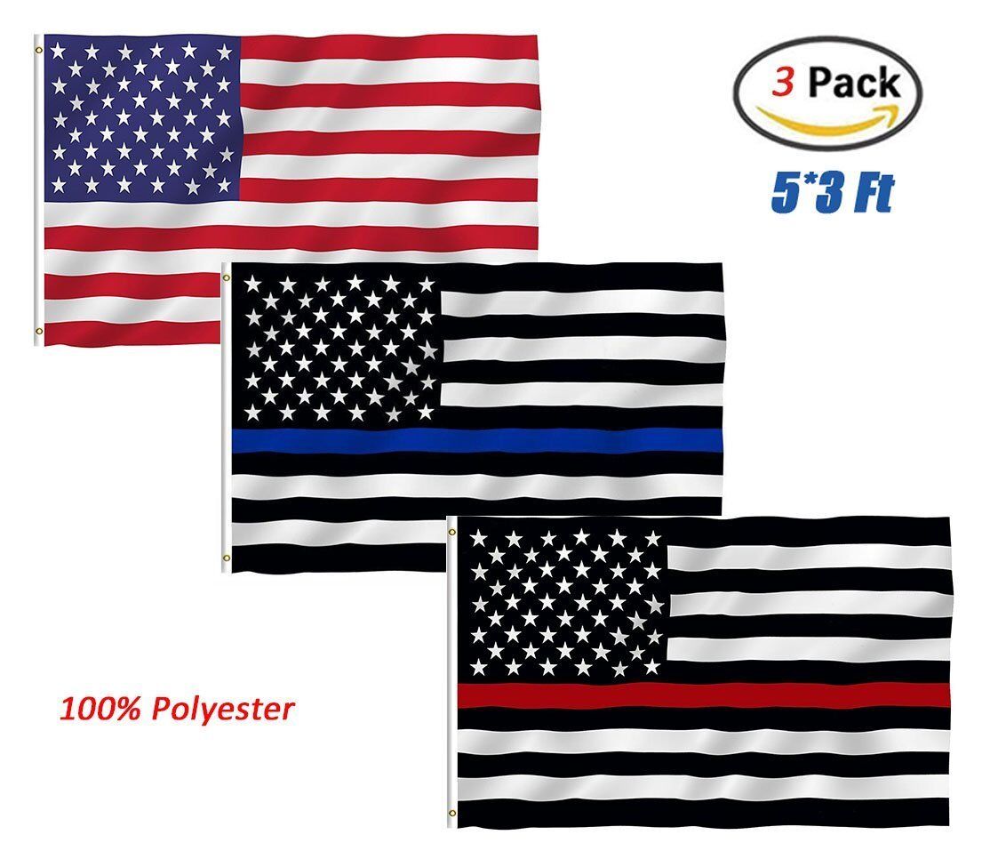 3 PACK 3x5 Ft Law Enforcement Police + Fire Flag - USA Thin RED & BLUE Line