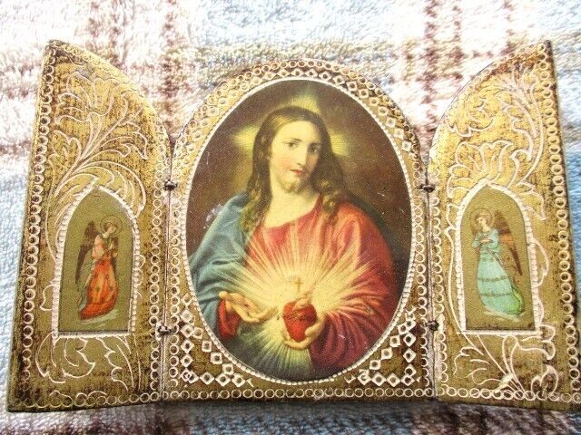 Mini Sacred Heart of Jesus, Angels Italian Tole Florentine Wood Triptych Icon