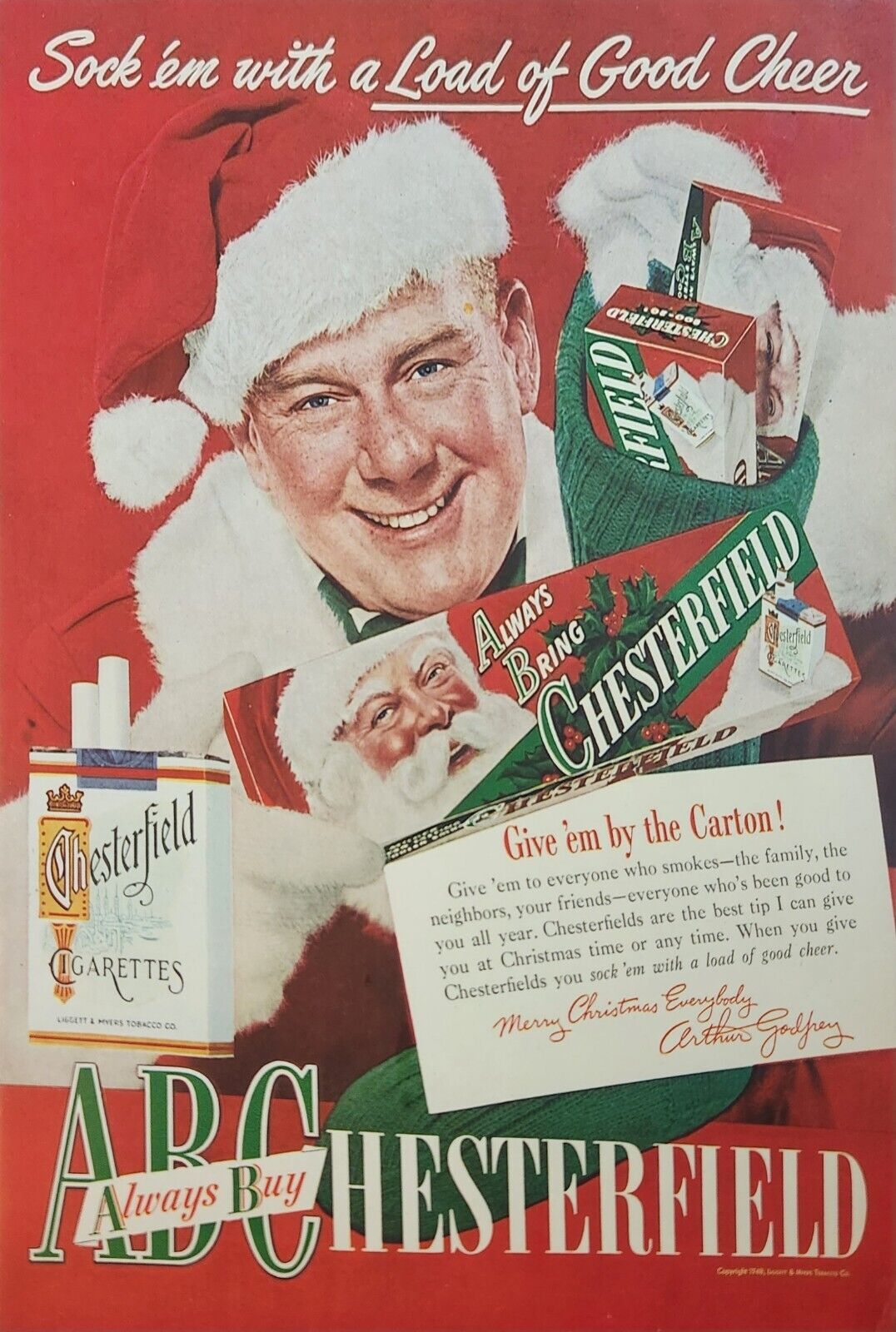 1948 Chesterfield Cigarettes Vintage Ad Sock em with a load of good cheer