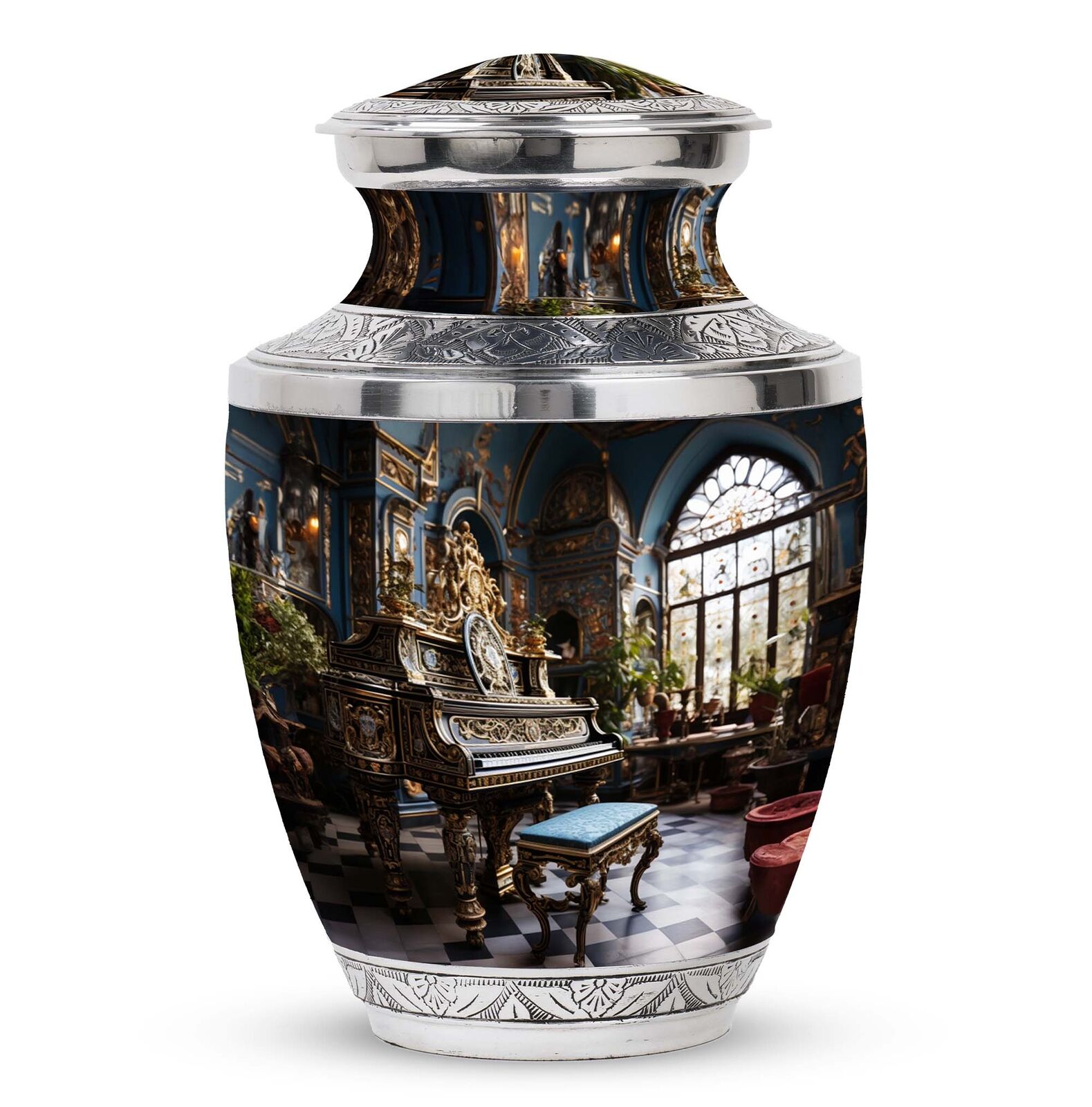 Ornate Baroque Piano in Luxurious Setting Large Cremation Adult Urns 200 cu In