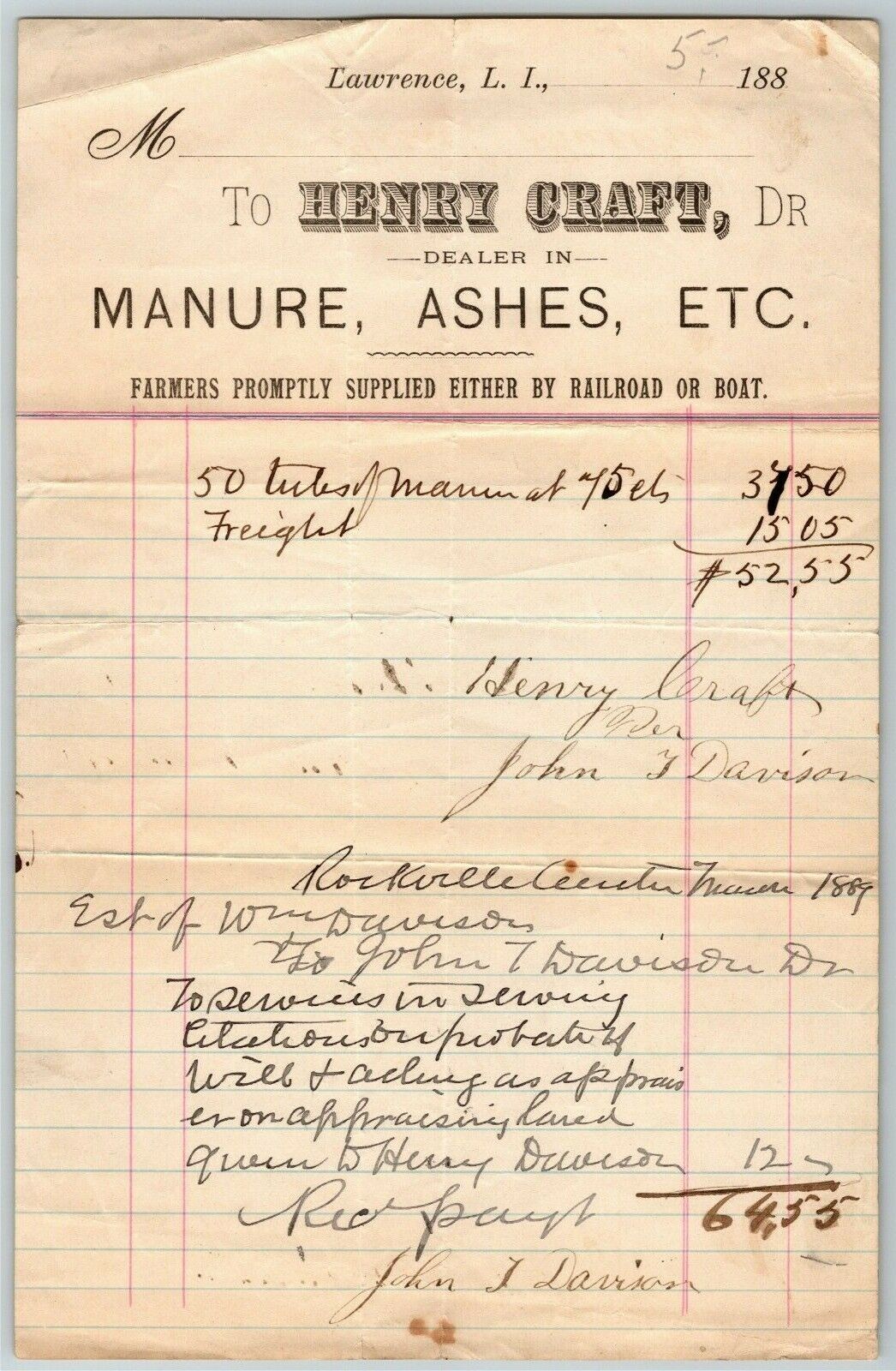 Lawrence LI NY Letterhead Billhead 1889 Henry Craft Manure Ashes by RR or Boat