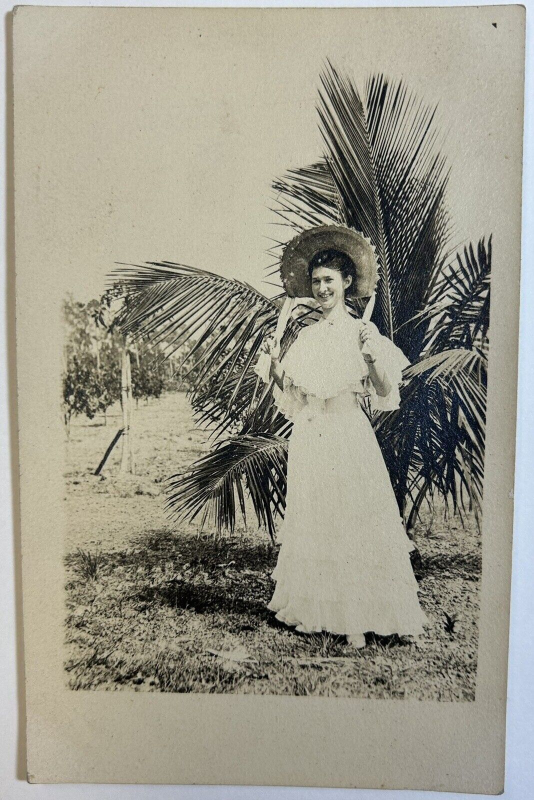 Antique Black & White Portrait Postcard, Woman by Plant, Unposted Card