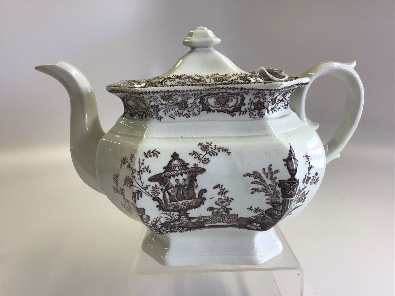Fine J & G Alcock POMPEII Brown Transferware Teapot Circa 1840’s Excellent Con