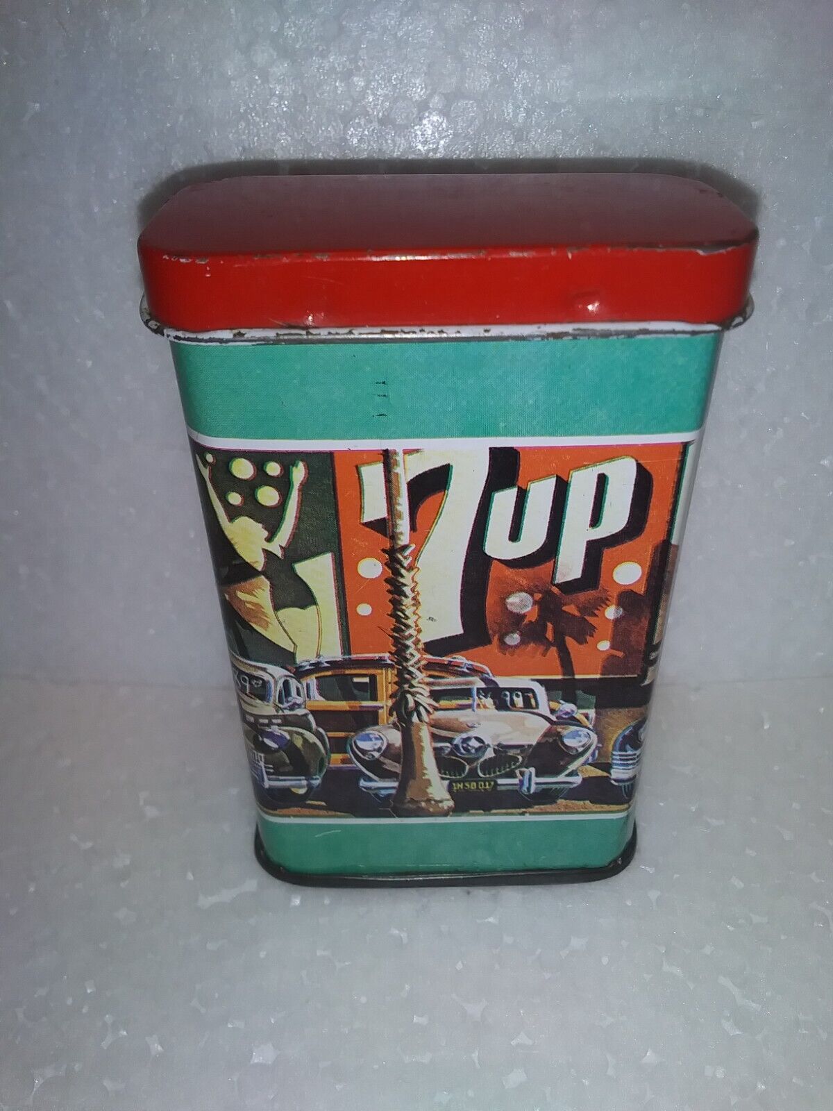 Vintage Classic Cars 7up Advertising Metal Tin Container
