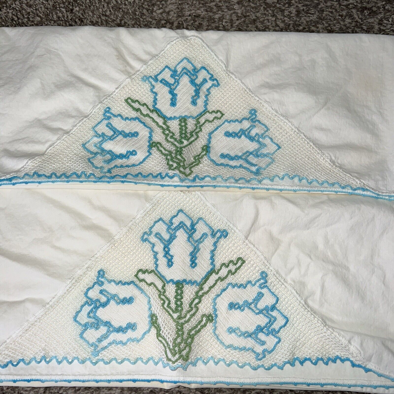 Pair Of Vintage Blue Crochet Tulip Pillowcases