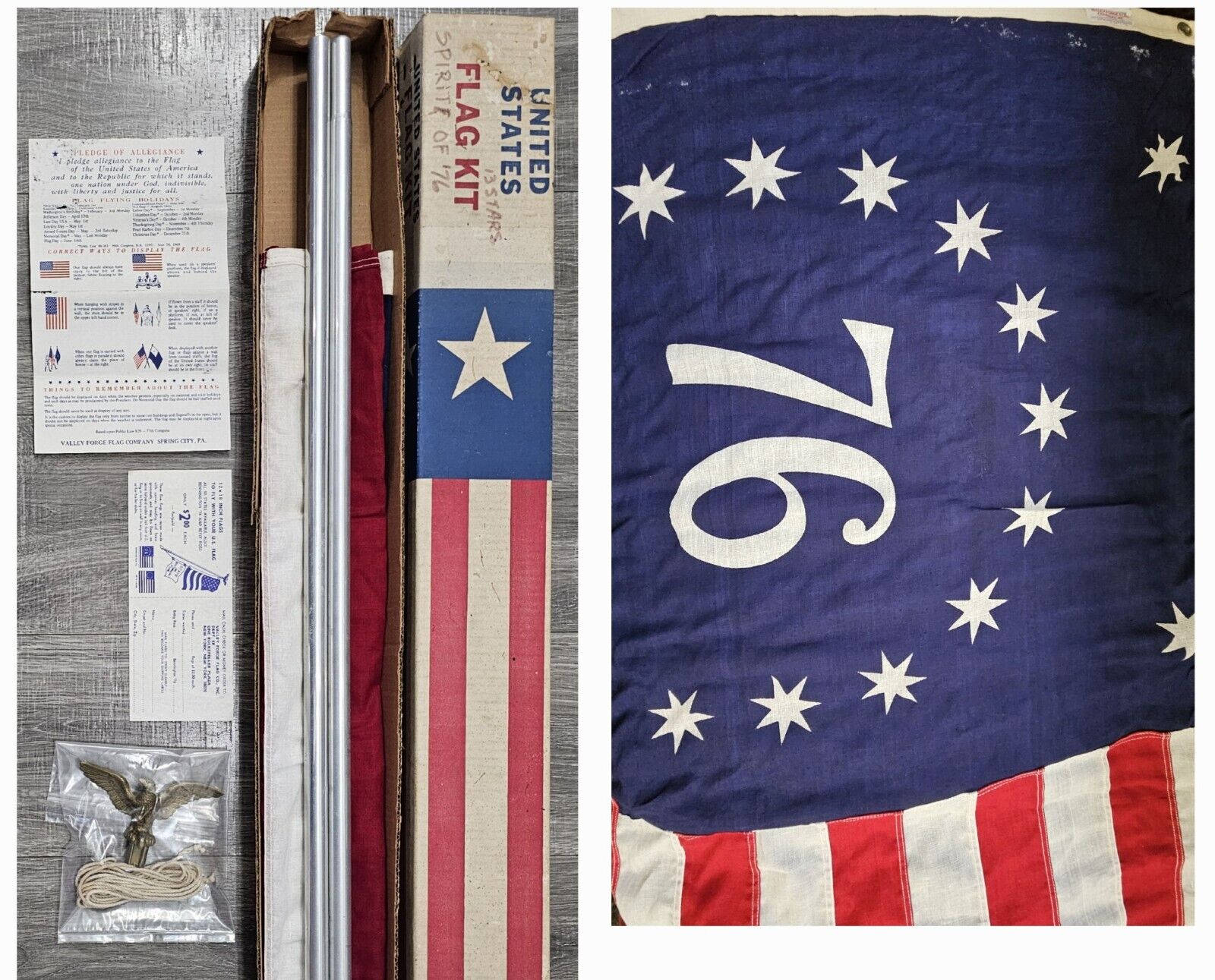 RARE Vintage Valley Forge Flag Co US Pioneer Flag 13 Star Bennington 76' CIB 3×5