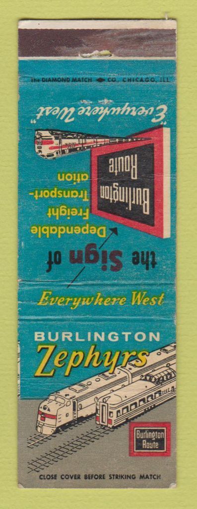 Matchbook Cover - Burlington Route Railroad Zephyrs WEAR