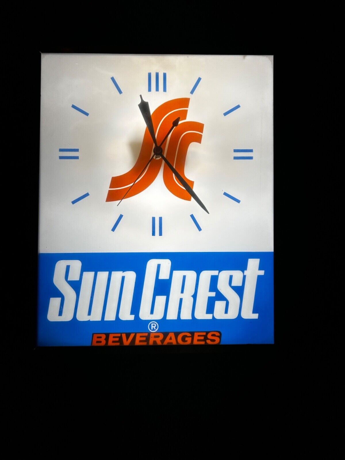 Vintage SUN CREST Beverages Light Up Clock~Bubble Glass 16” X 13” Swihart RARE
