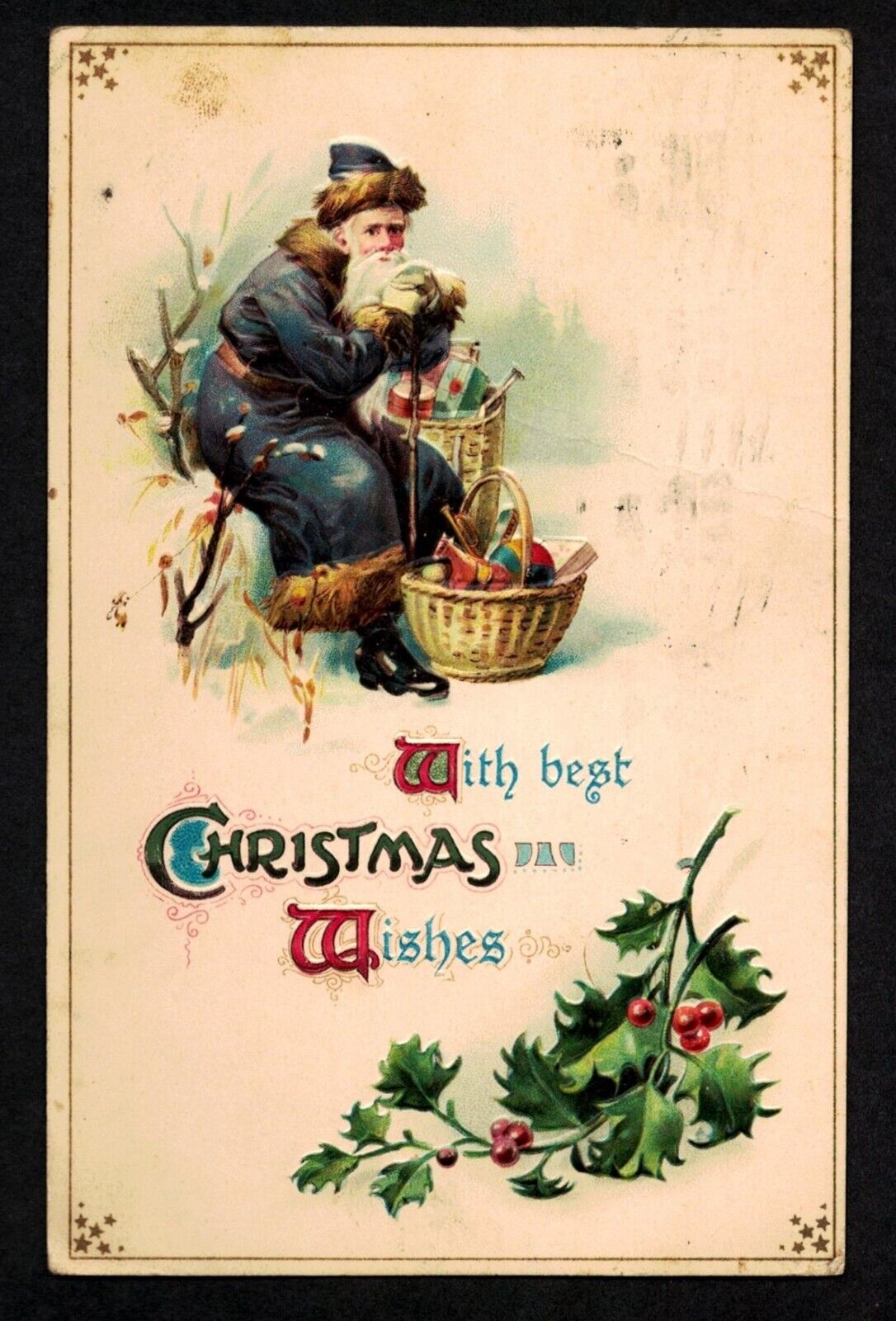 2101 Antique Vintage Postcard Santa Blue/Purple Robe Baskets Toys CANTON 1914