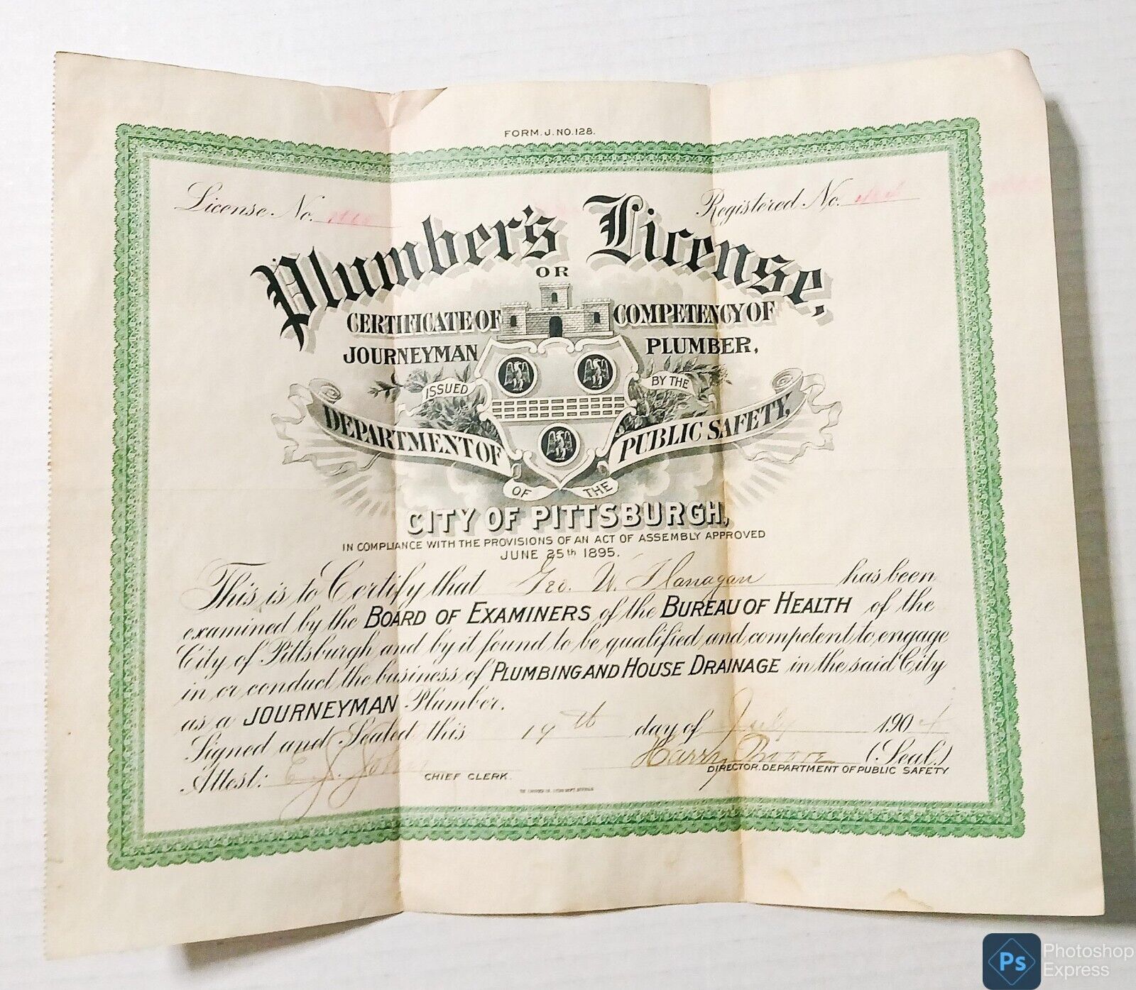 Antique 1904 City of Pittsburgh Plumber\'s License Issued & Signed 11 1/2 X 9 1/2