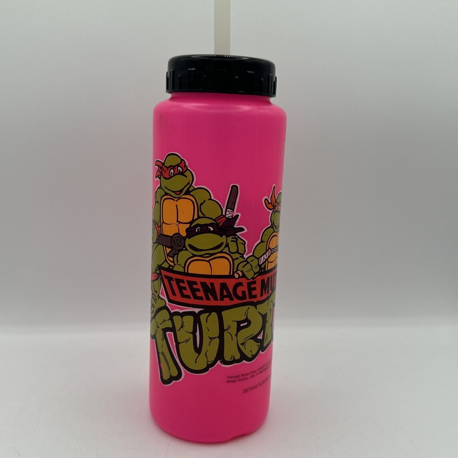 1988 Vintage Teenage Mutant Ninja Turtles TMNT PINK Water Bottle w/ Straw