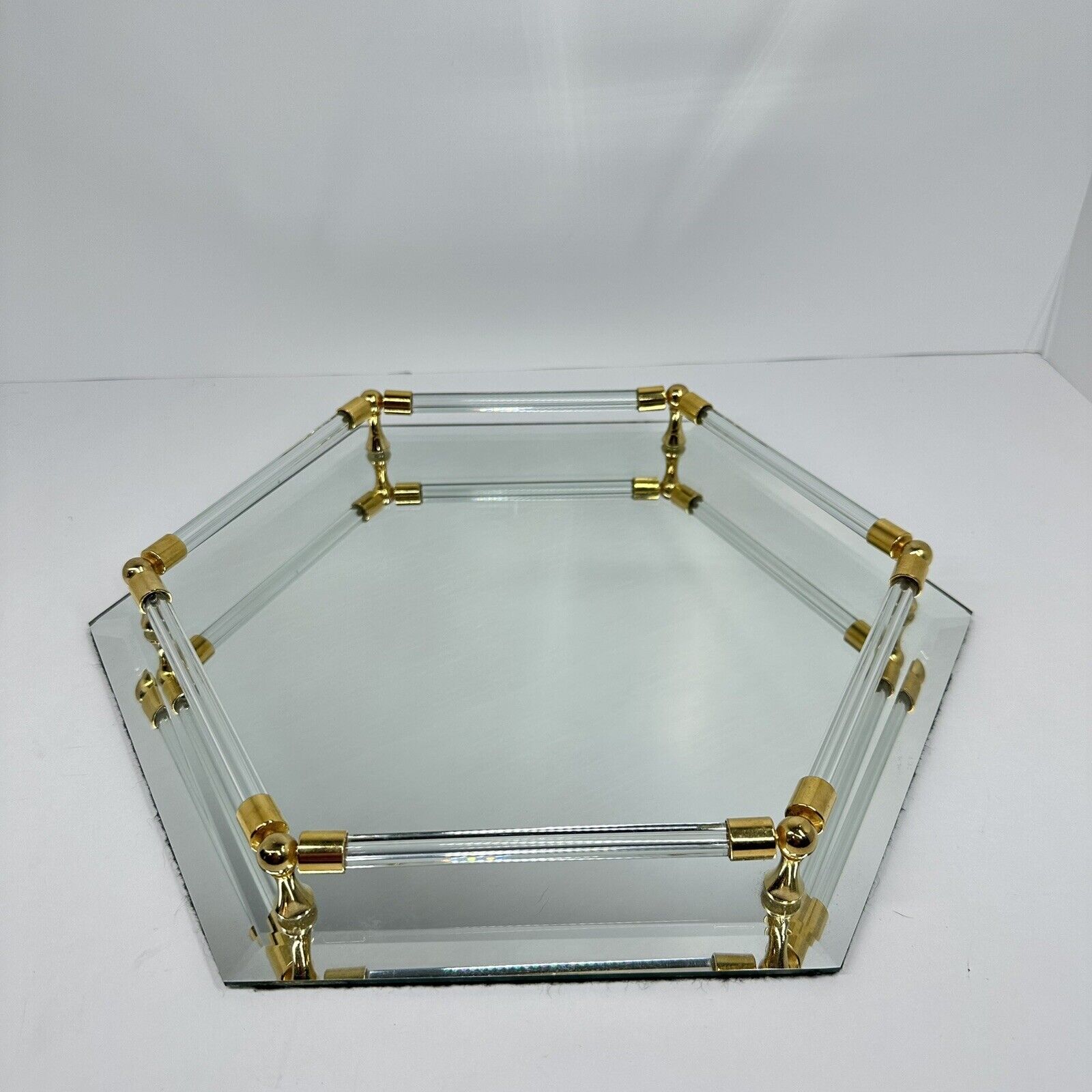 Vintage Mirrored Vanity Tray Dressing Table Brass Floral Pattern Octagon