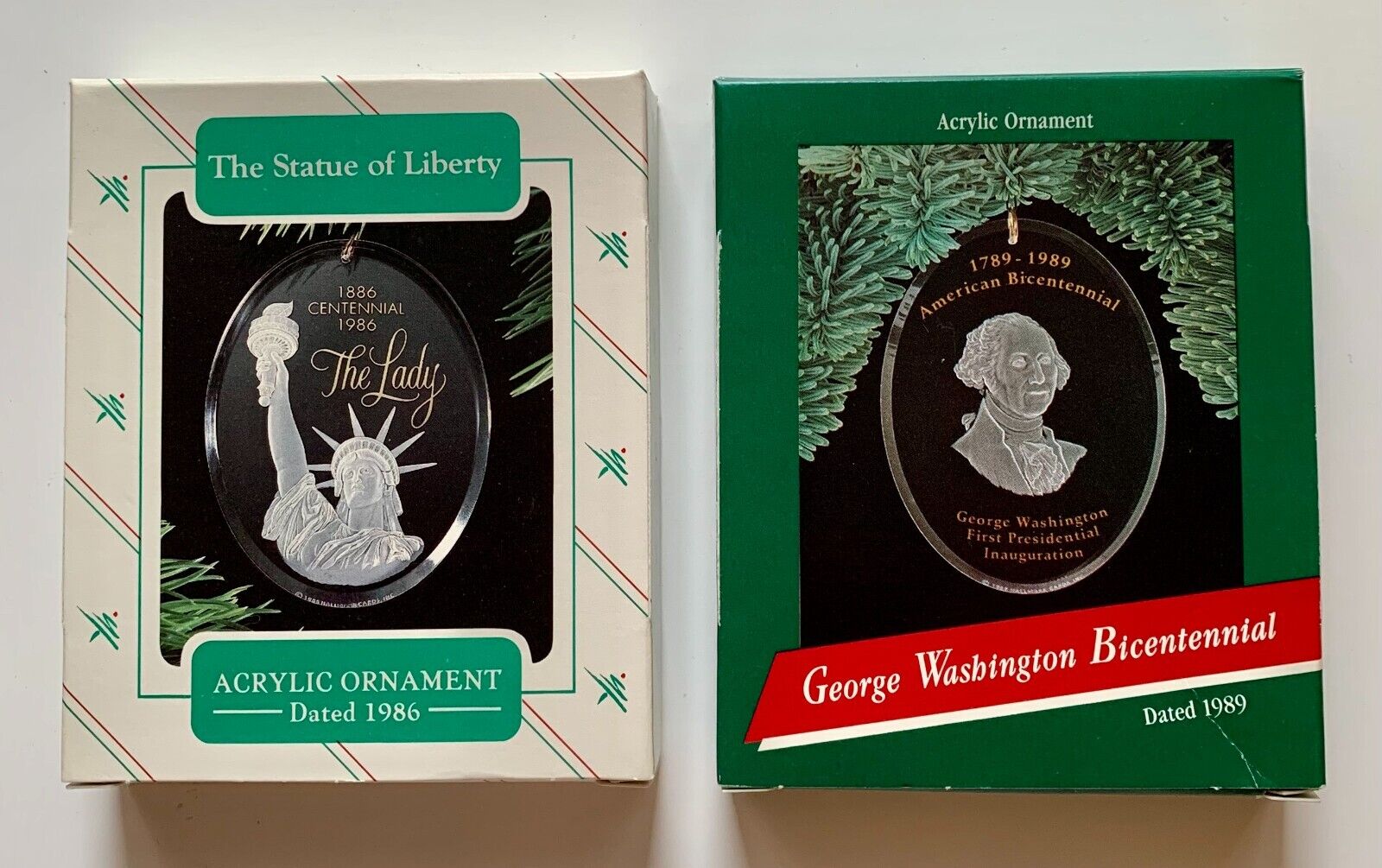 Hallmark Vintage Ornaments, Statue of Liberty & George Washington ~ Clear Etched