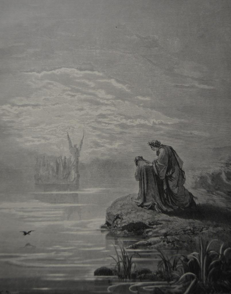 Antique Gustave Dore Art Print Dante\'s Coming of the Boat Original 1880