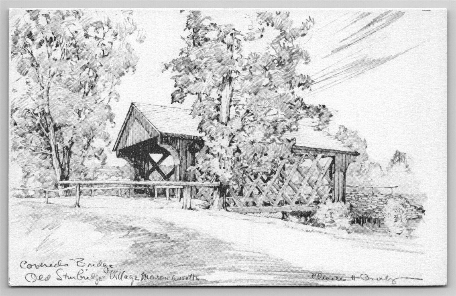 Artist Sketch Covered Bridge Old Sturbridge Village Dummerston VT Postcard E24