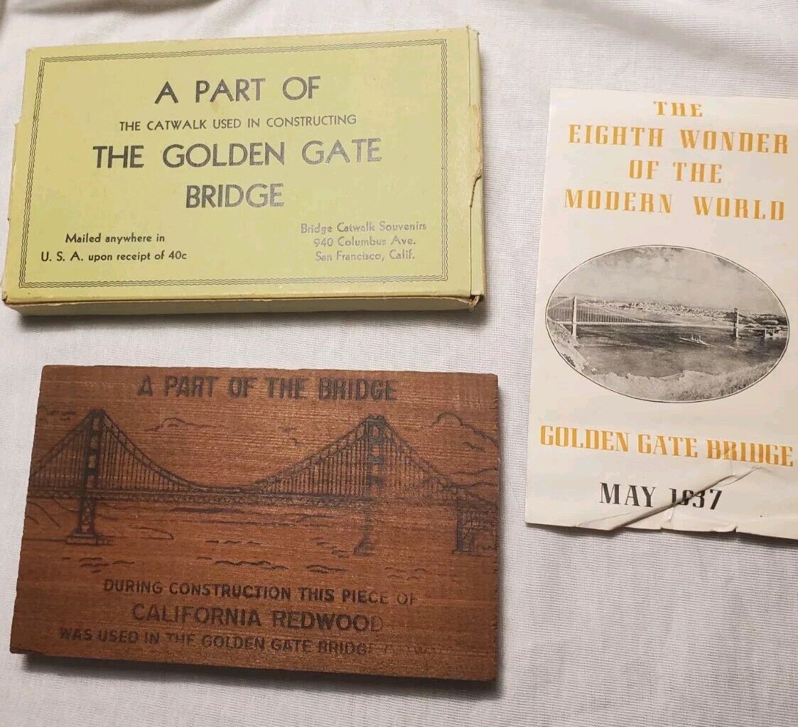VIntage GOLDEN GATE BRIDGE California Redwood CATWALK Wood Souvenir 1937 Mailer