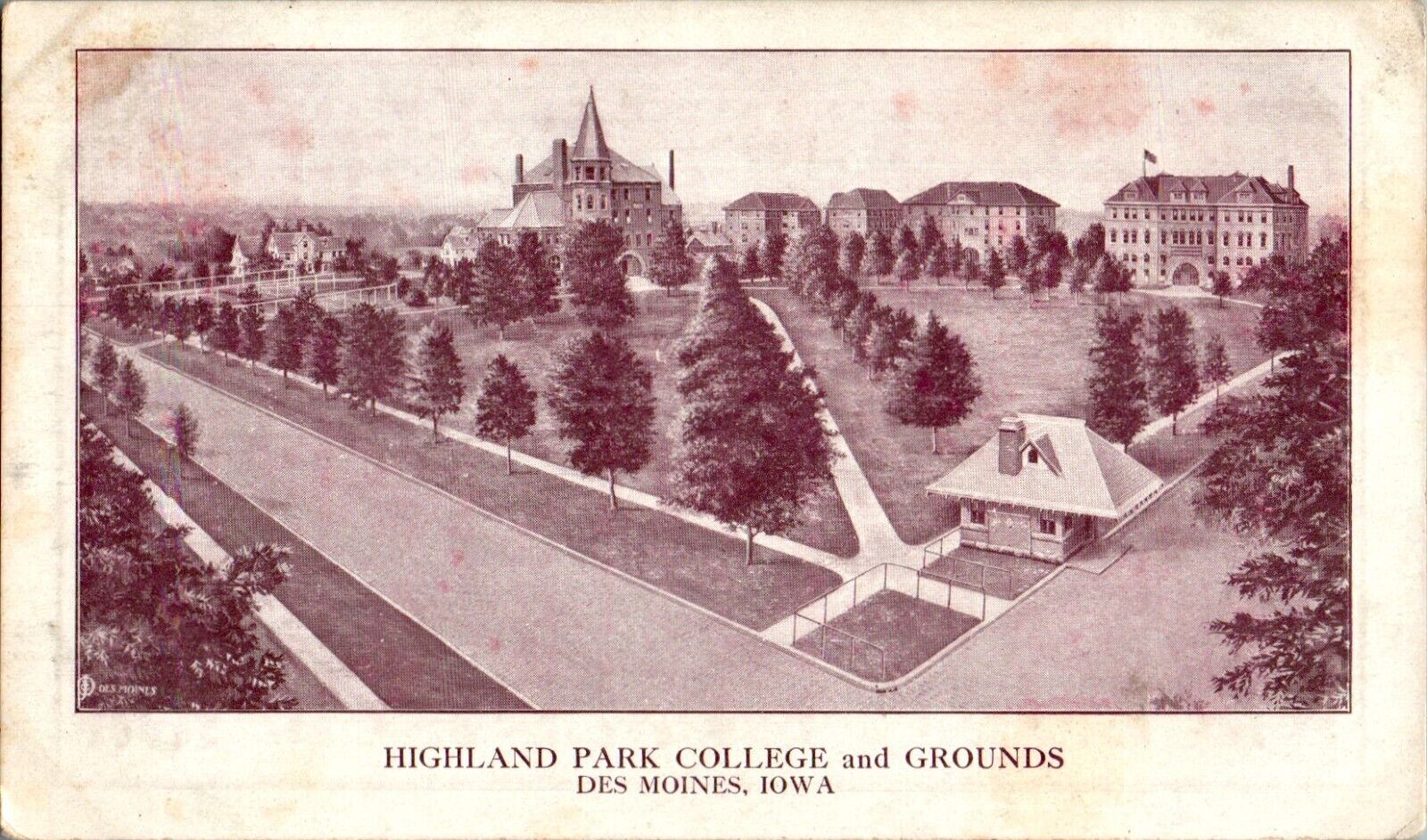 Highland Park College and Grounds, Des Moines, Iowa IA Postcard