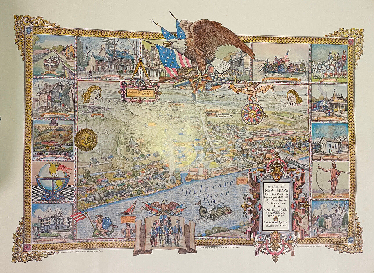 Vtg New Hope PA illustrated pictorial map print Joseph Crilley 1976 Bicentennial