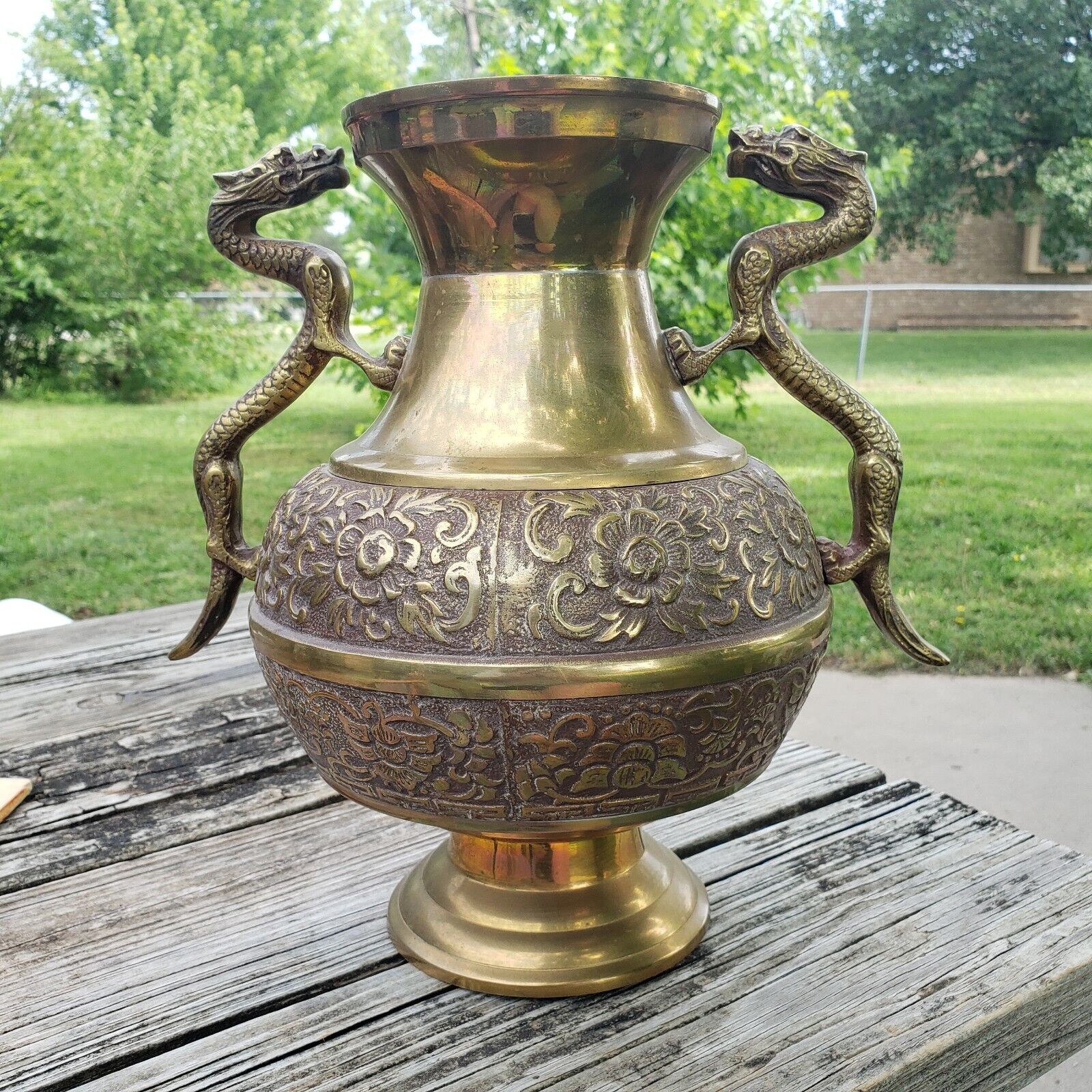 Large Vtg Chinese Solid Brass Dragon & Flowers Vase Urn Pot 12\