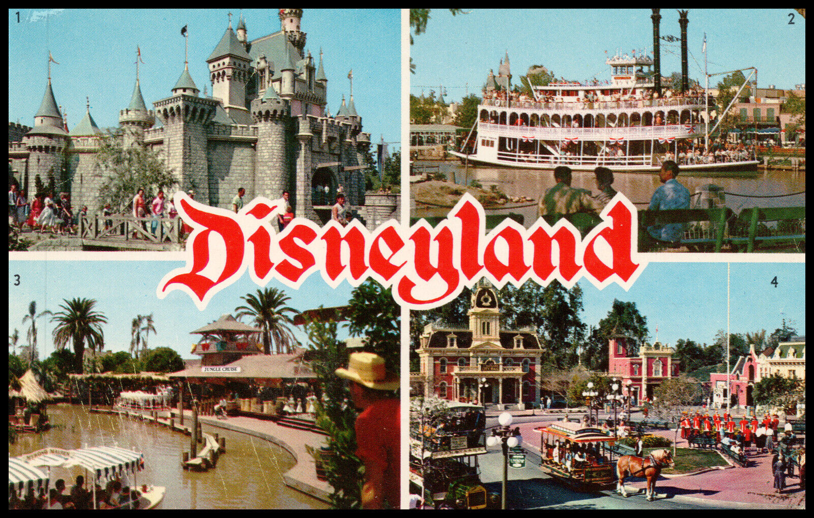Disneyland, Sleeping Beauty, Mark Twain, Jungle River, Town Square, Postcard