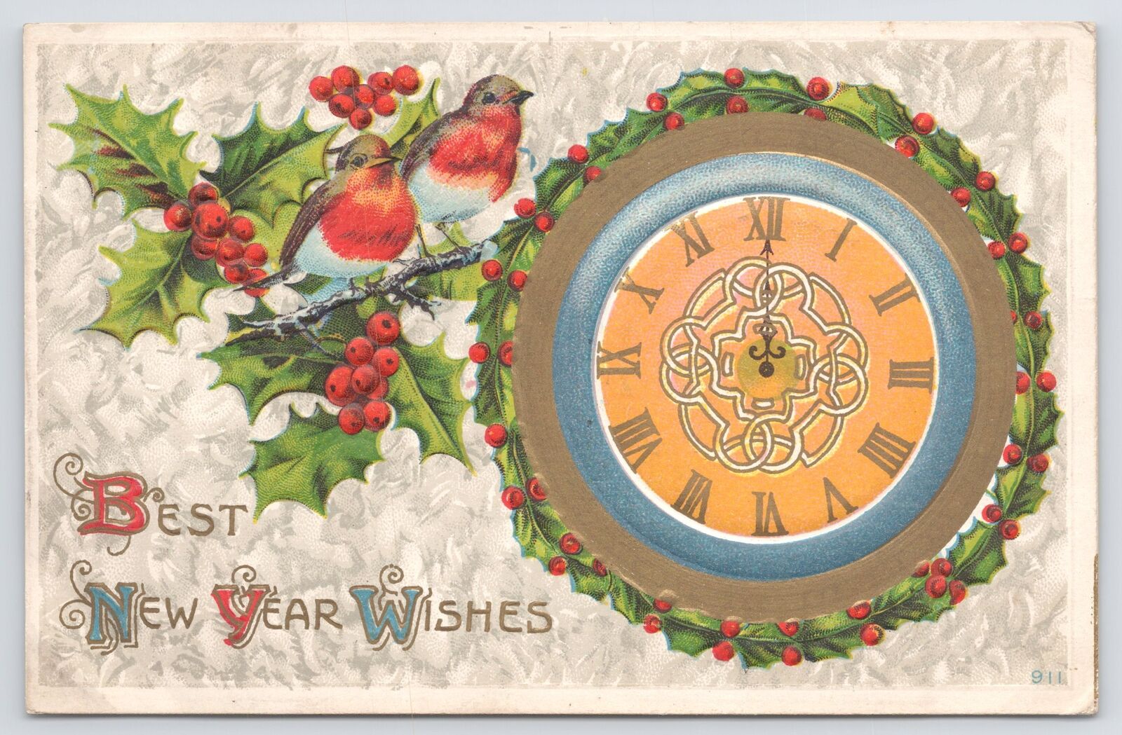 New Year~Large Gold-Blue-Holly Midnight Clock~Birds On Holly Branch~Emb~1912 PC