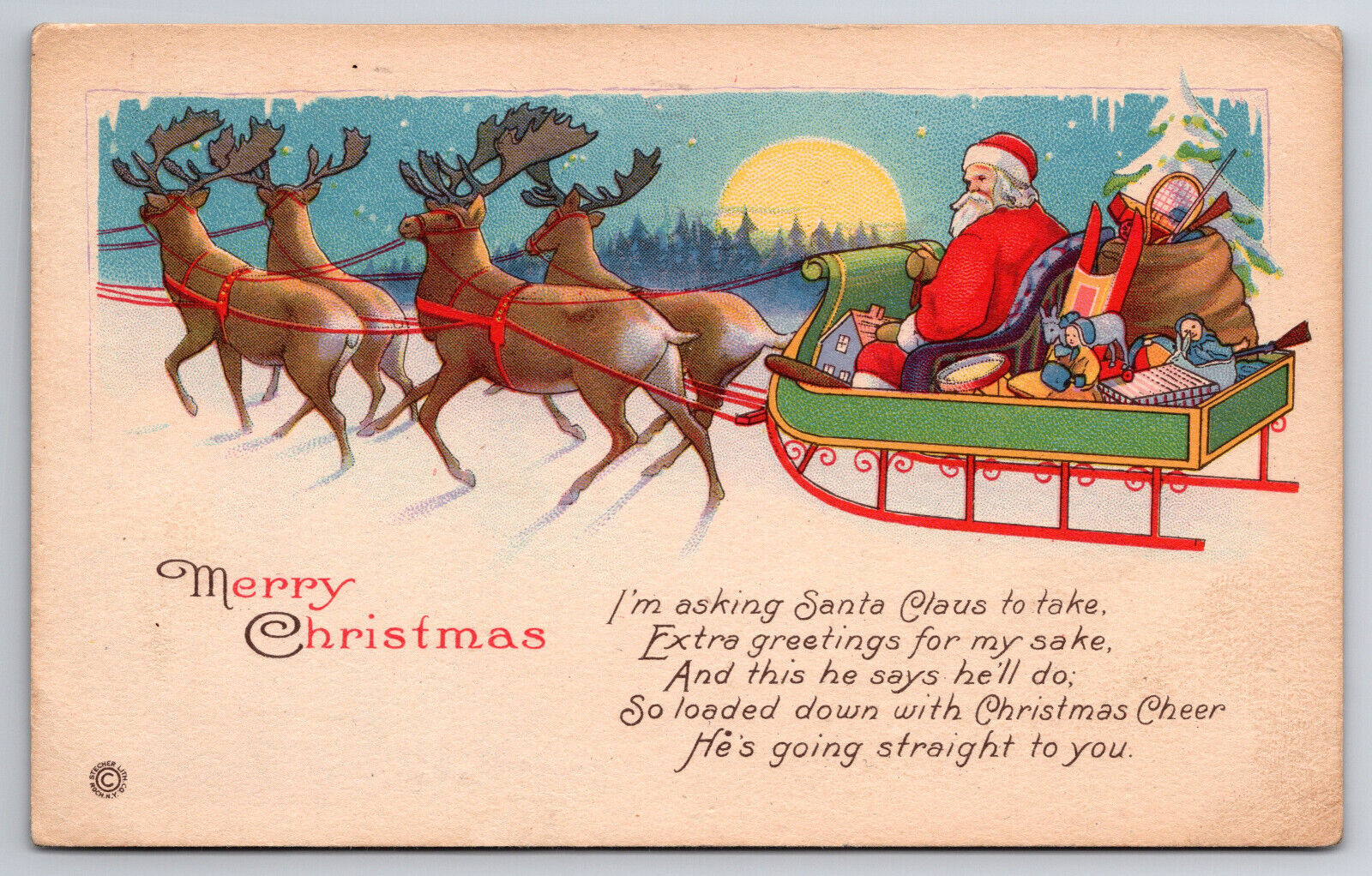 Vintage Santa Postcard Santa and his Sleigh Posted Saginaw Mi. Dec. 21, 1921
