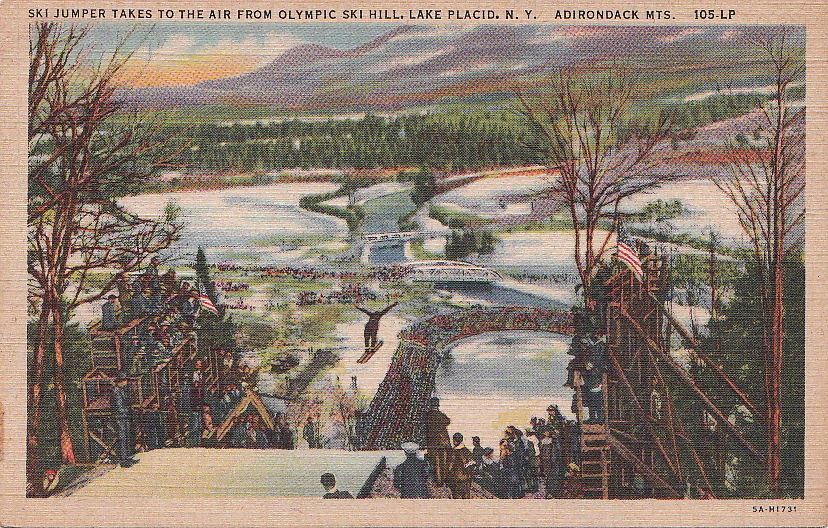  Postcard Ski Jumper in Air Olympic Ski Hill Lake Placid NY 