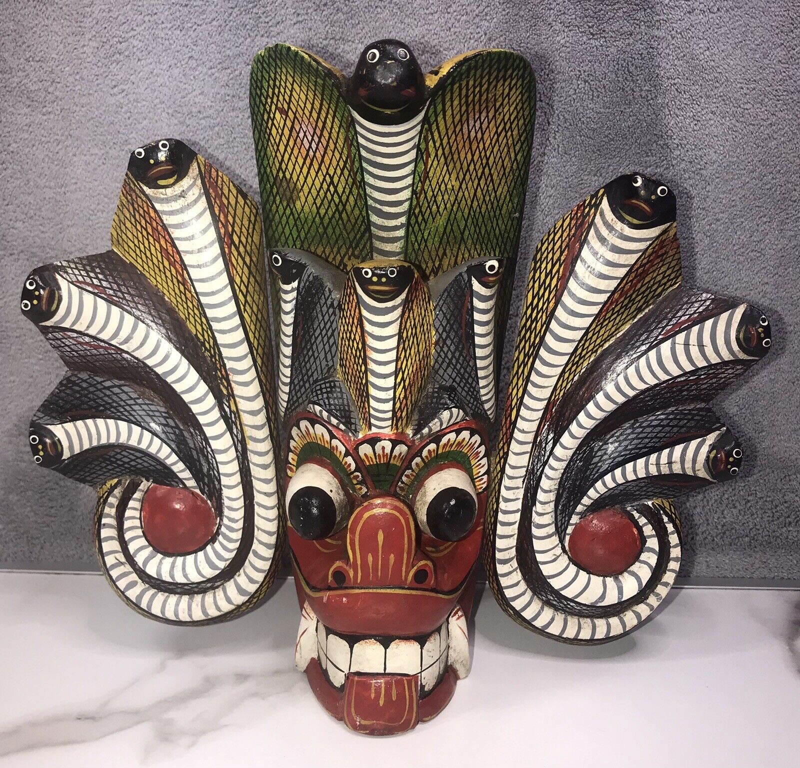 Tribal Totem Sri Lankan Totem. Devil/Cobras Vintage 8” T, 9.5”W Carved & Painted