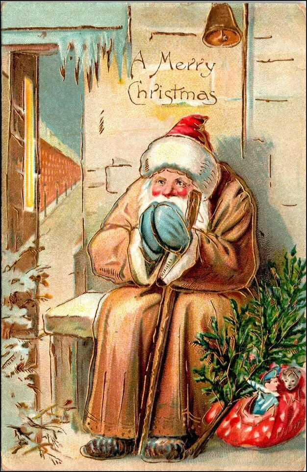 Brown Robe Santa Claus on Bench~Mittens~Toy Sack~Antique Christmas Postcard~k208