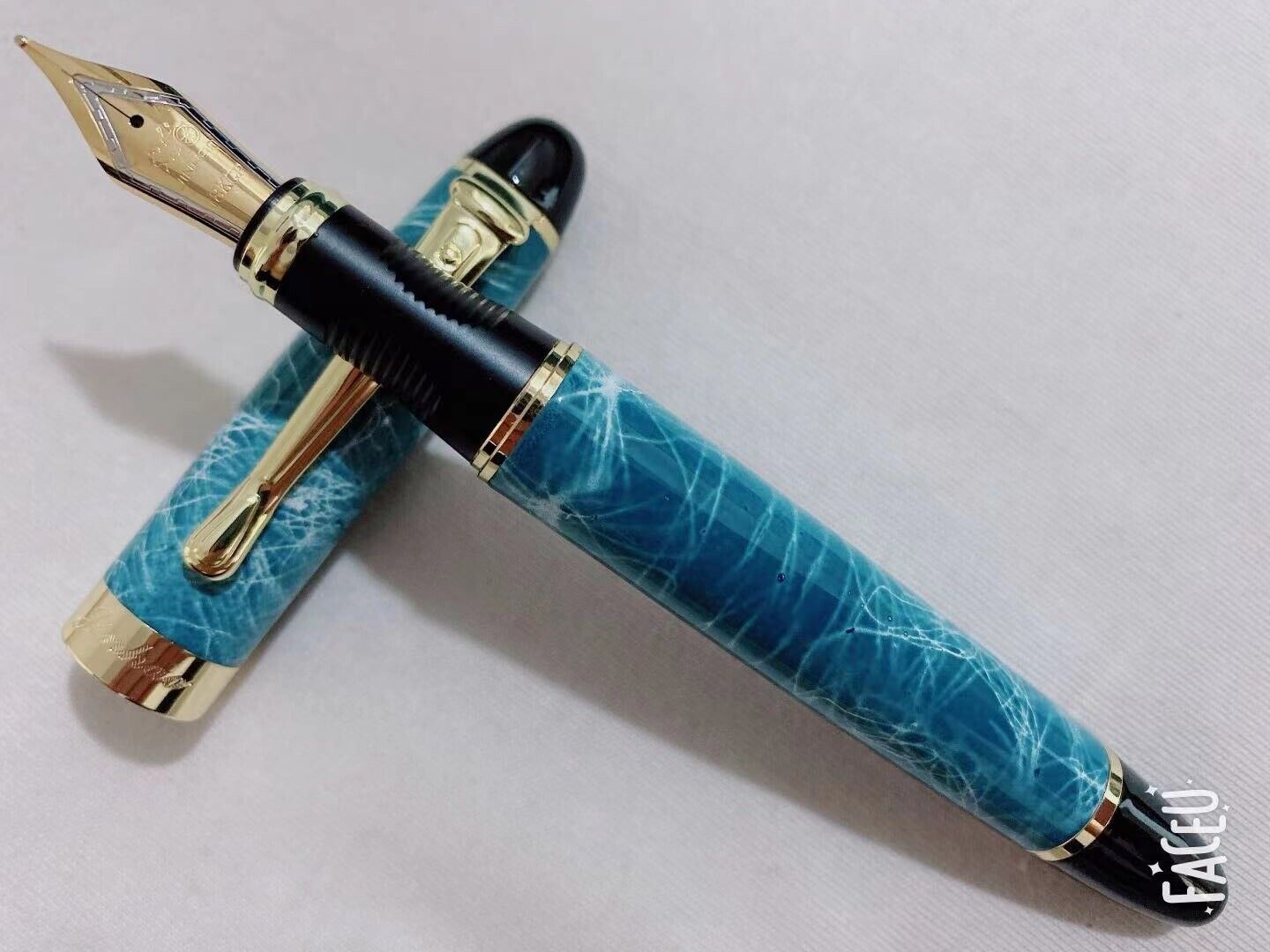 New Jinhao X450 Blue Marble Fountain Pen 0.7mm Broad Nib 18KGP Golden Trim