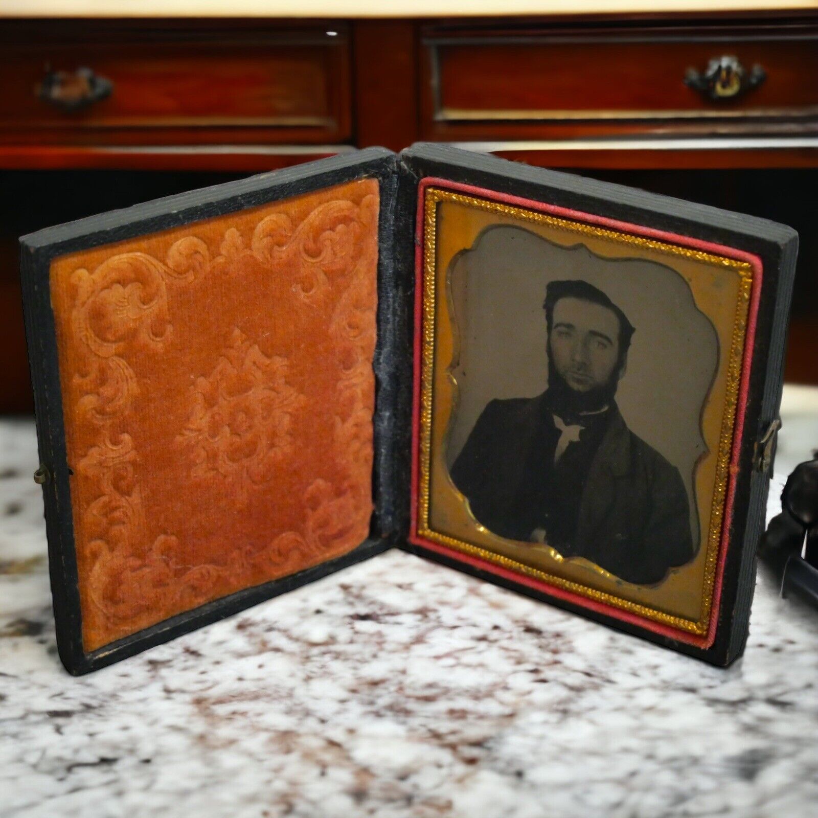 Mid 19th Century American Deguerrotyoe Man's Portrait Photograph in Leather Case