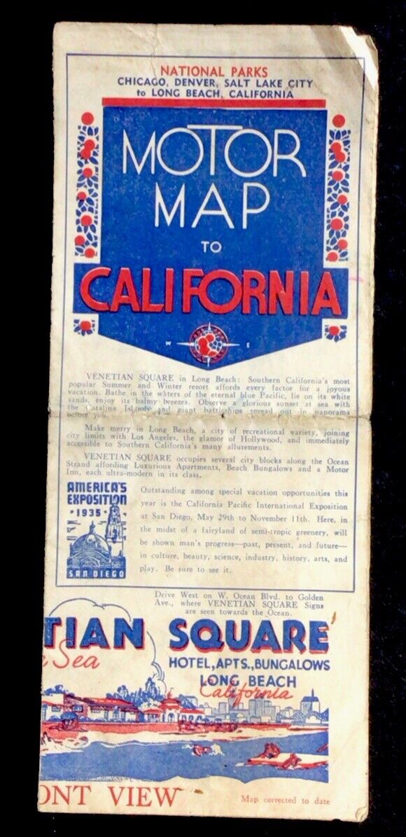 1935 National Parks Motor Map To California Tourist Travel Brochure