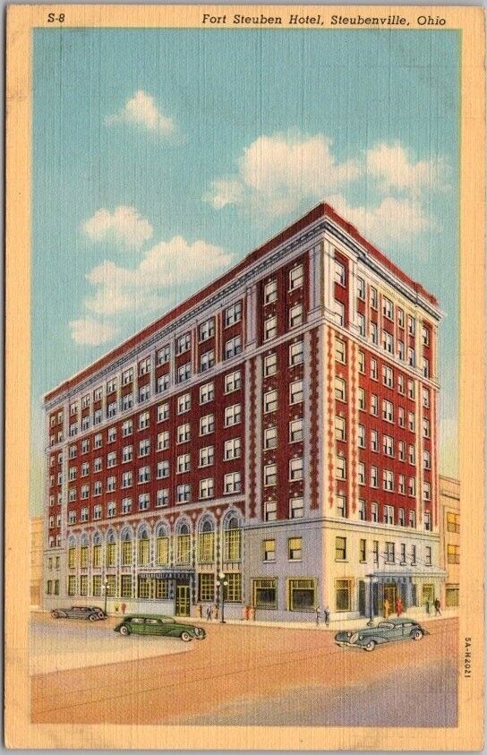 Steubenville, Ohio Postcard FORT STEUBEN HOTEL Building / Street View - Linen