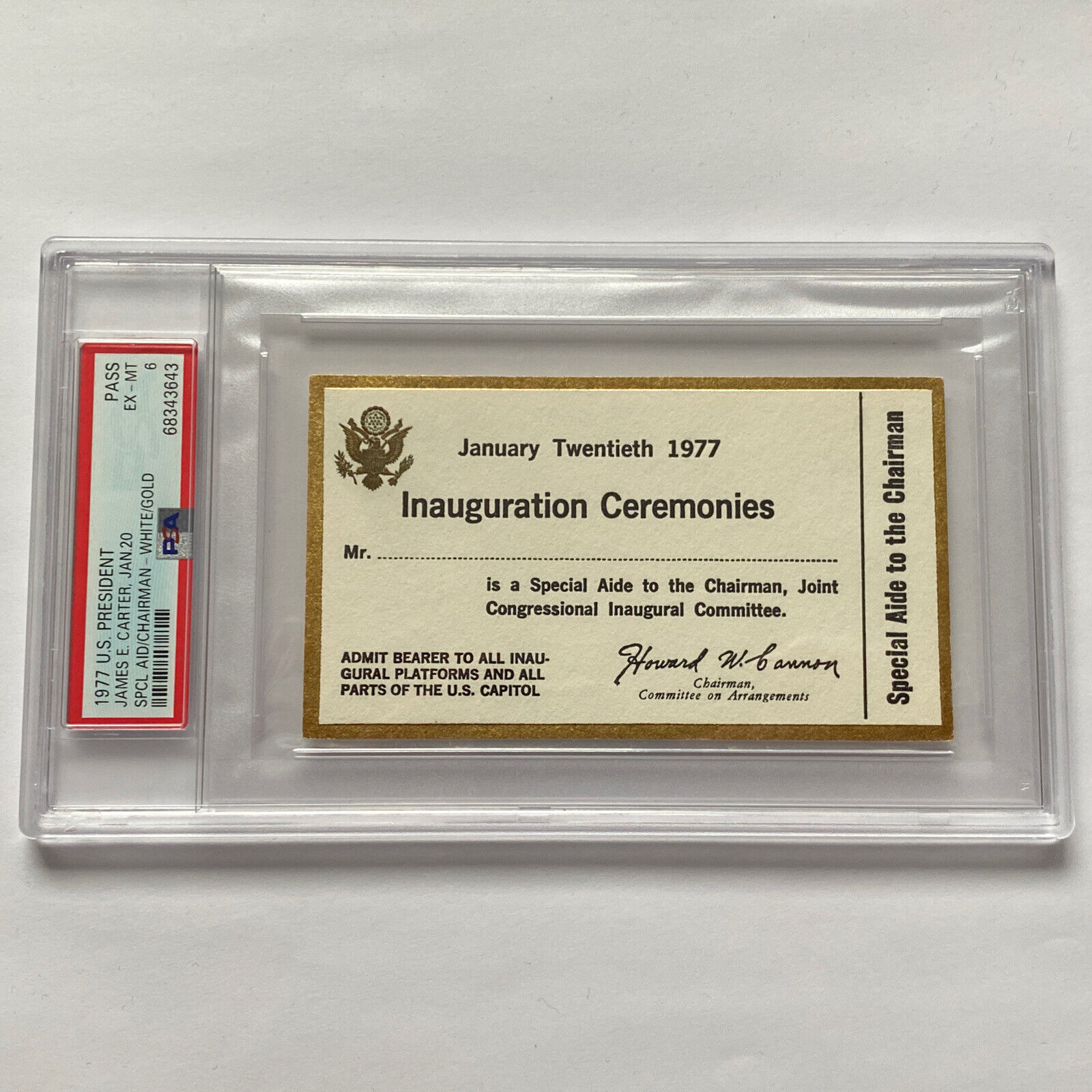 1977 President Jimmy Carter Inauguration All Access Platform Aide Ticket PSA