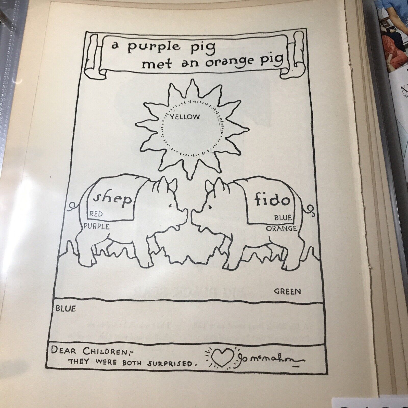 Pig purple orange Sun Color Nursery  Vintage book illustration