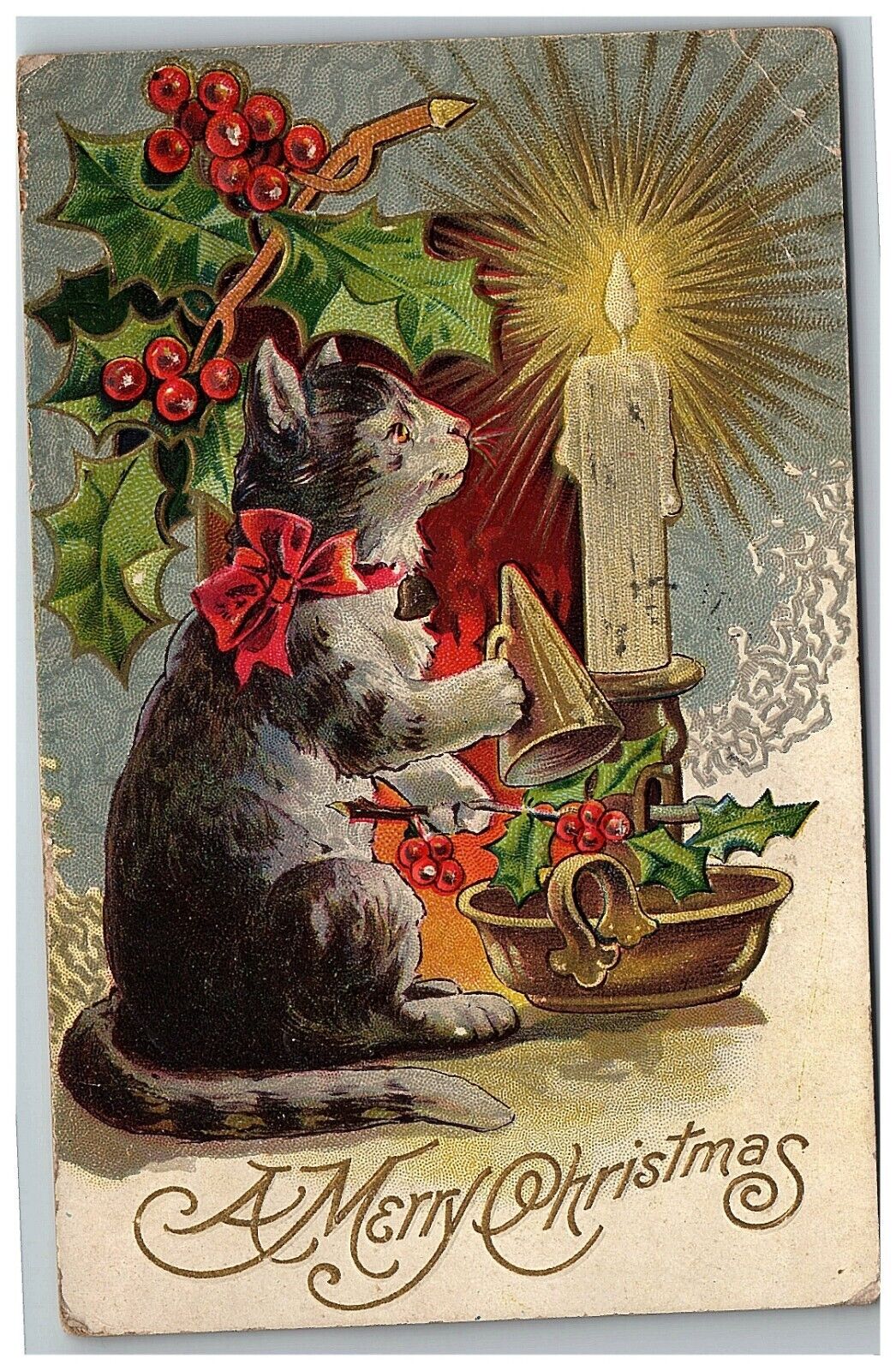 c1928 Postcard  X-Mas Christmas Cat Series Holly Berries Embossed Candle Ribbon